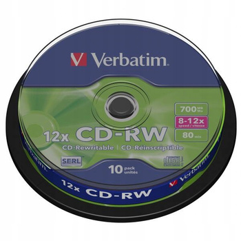 PŁYTA VERBATIM CD-RW SERL, 700MB, PRĘDKOŚĆ 12X, CAKE 10 SZTUK