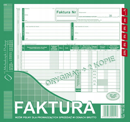 DRUK FAKTURA VAT 2/3 A4 /1+2/ WZÓR PEŁNY OD NETTO, 148-2E