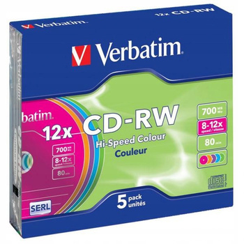 PŁYTA VERBATIM CD-RW, 700MB, PRĘDKOŚĆ 12X, SLIM 5 SZT.