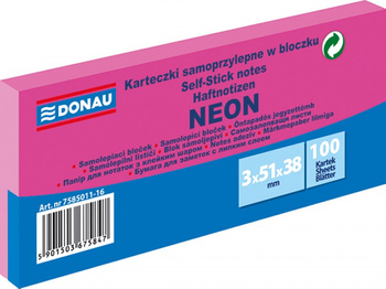 BLOCZEK SAMOPRZYLEPNY DONAU, 38X51MM, 3X100 KART NEON RÓŻOWY