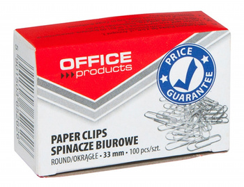 SPINACZE OKRĄGŁE OFFICE PRODUCTS, 33MM, 100SZT., SREBRNE