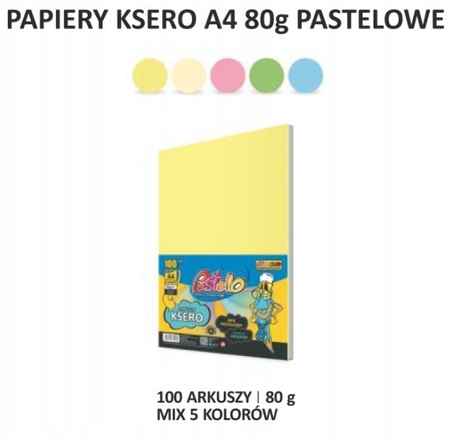 Papier kolorowy PASTELLO, A4, 100 arkuszy, 80gsm, 5 kolorów pastelowych