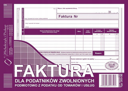 DRUK FAKTURA VAT A5 203-3E, DLA PODATNIKÓW ZWOLNIONYCH