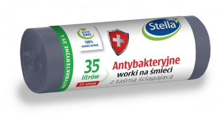 WORKI NA ŚMIECI STELLA, Z TAŚMĄ ŚCIĄGAJĄCĄ, ANTYBAKTERYJNE, 35L, 15SZT, SZARE