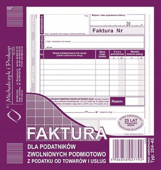 DRUK FAKTURA VAT 204-4E 2/3 A5 DLA PODATNIKÓW ZWOLNIONYCH