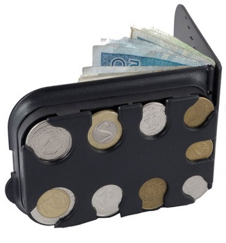 Kieszonkowa kasetka na bilon i banknoty czarna kompaktowy organizer pieniędzy
