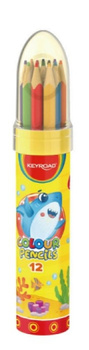 KREDKI OŁÓWKOWE KEYROAD, TRÓJKĄTNE, W METALOWEJ TUBIE W KSZTAŁCIE RAKIETY, 12 KOLORÓW