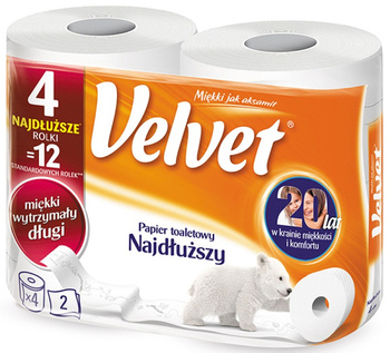 PAPIER TOALETOWY CELULOZOWY VELVET NAJDŁUŻSZY 4 ROLKI